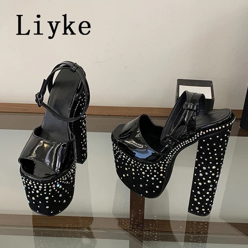 Sandali Liyke Fashion con strass di cristallo, tacco alto e plateau spesso, da donna, a punta aperta, per matrimoni e banchetti, Zapatos De Mujer