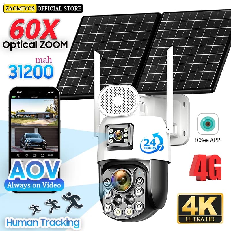 Telecamere solari di sorveglianza esterna da 10MP 60X ottica 4G Sim Wireless Home Security PTZ Monitoraggio automatico CCTV AOV 24/7 Cam di registrazione