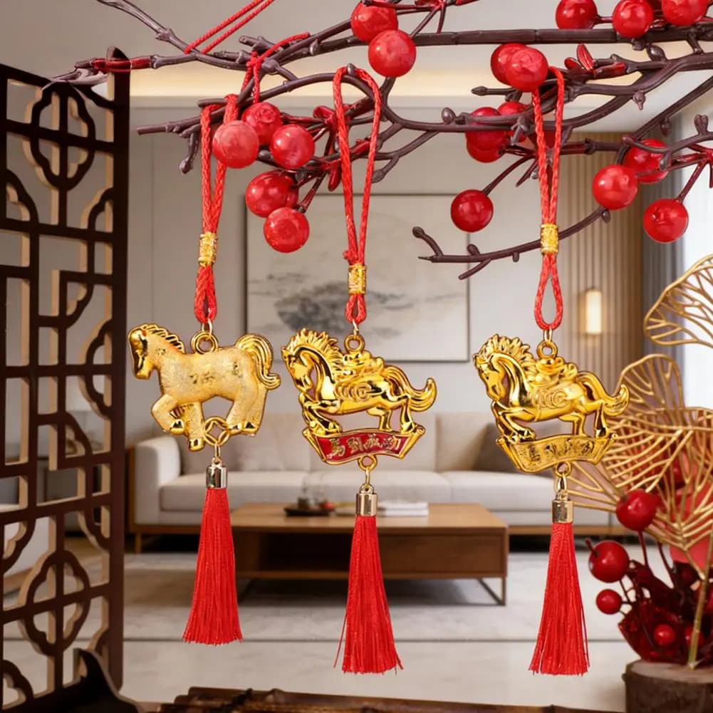Pendant 'Ricca Ora' for the Year of the Horse in 2026, Plants in Vase for the New Year, Decoration Bonsai and Animal Charm to Hang