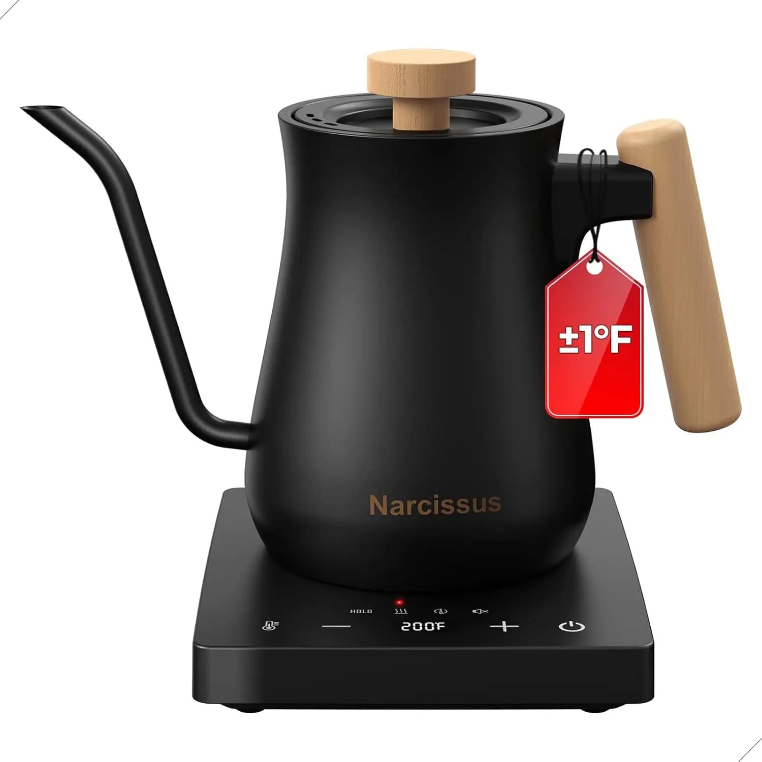 Swan neck electric kettle with ±1 °F Temperature control, 1200 W fast boiling in 4 minutes, 6 hours to keep warm, stainless steel interior