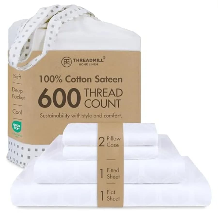 Set di Lenzuola 100% Cotone per Letto Matrimoniale - 600 Fili, Tasche Profonde 40 cm - Tessuto Jacquard Satinato, Set da 4 Pezzi