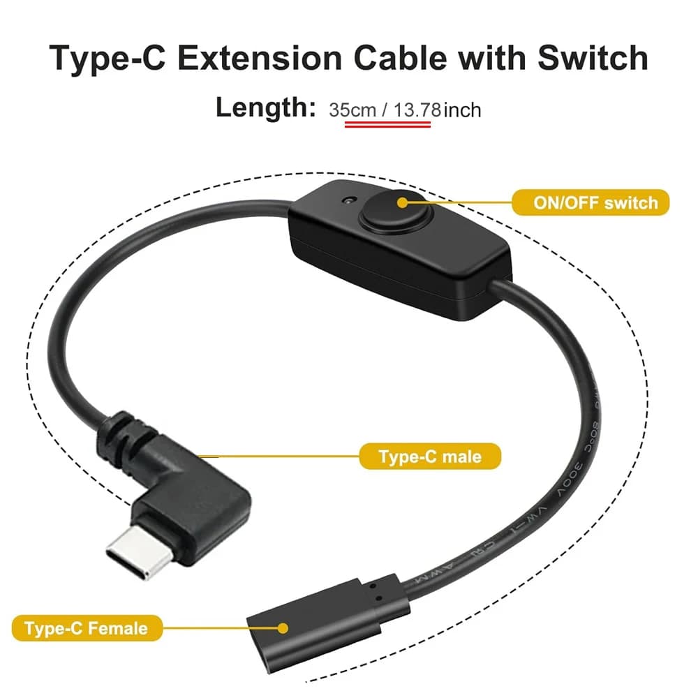 Cavo di prolunga USB-C con interruttore on/off Controllo ad angolo retto Cavo di ricarica USB tipo C da 90 gradi per telefono cellulare/tablet 5V 2A
