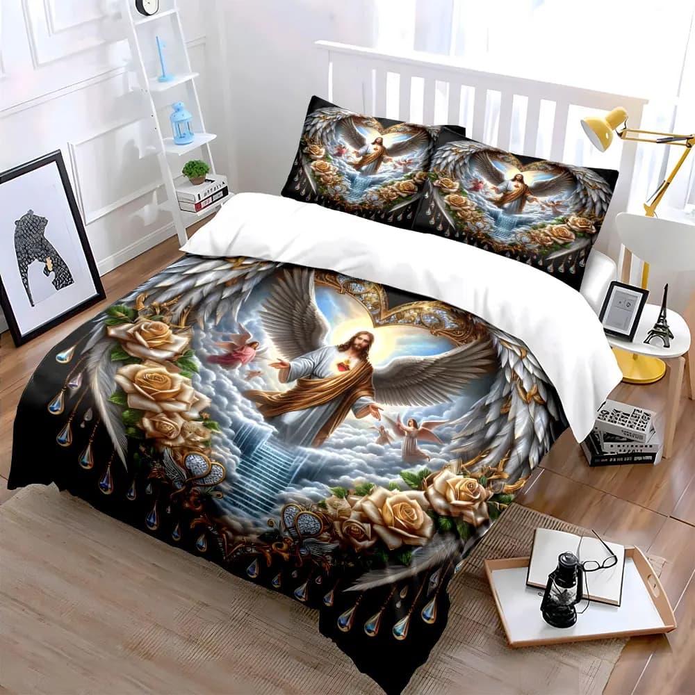 Set di decorazioni religiose a tema angelo, set biancheria da letto con 1 copripiumino e 2 federe, singolo, matrimoniale, king, queen, regalo