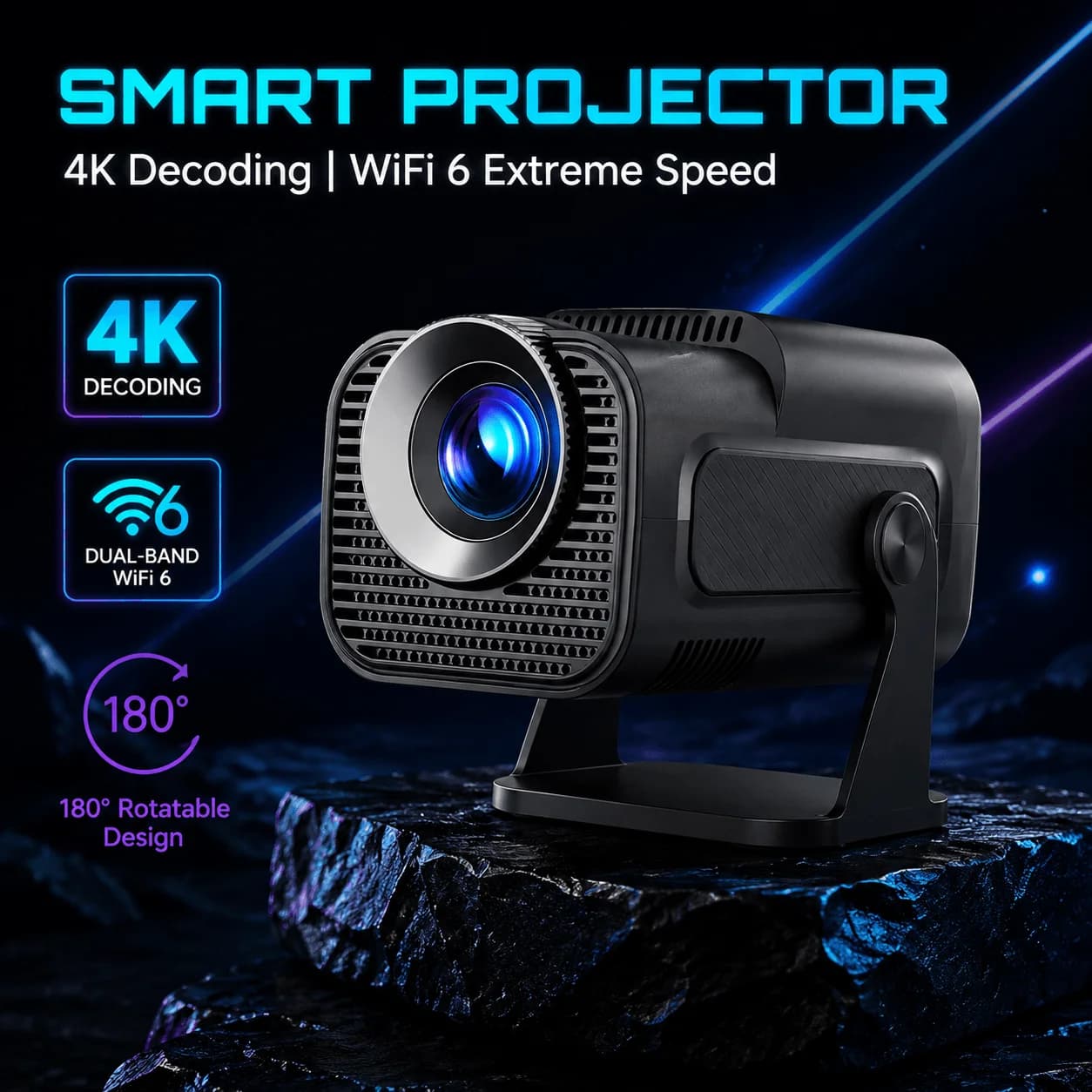 Proiettore Mini HY320 Nativo 720P Android 11, 300ANSI Supporto 4K WiFi6 BT5.0 180° ° Cinema Portatile Girevole per Esterni