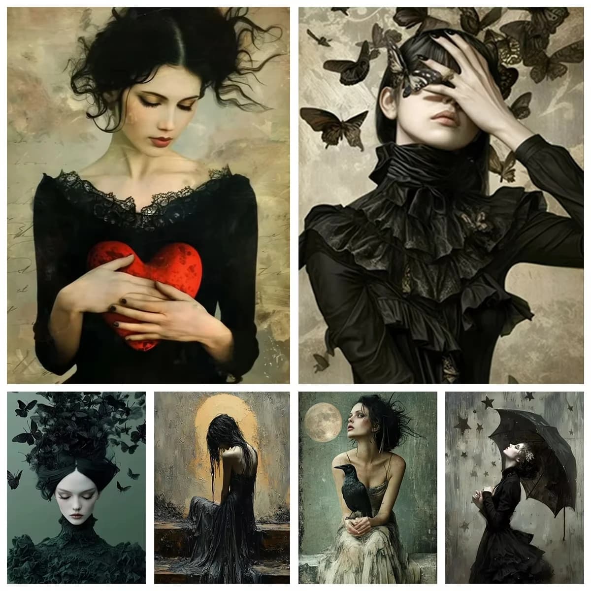 Dipinto a Olio con Numeri Stile Dark Girl: Ritratto Gotico, Tela Dipinta a Mano, Set Regalo per Decorazione Murale Domestica