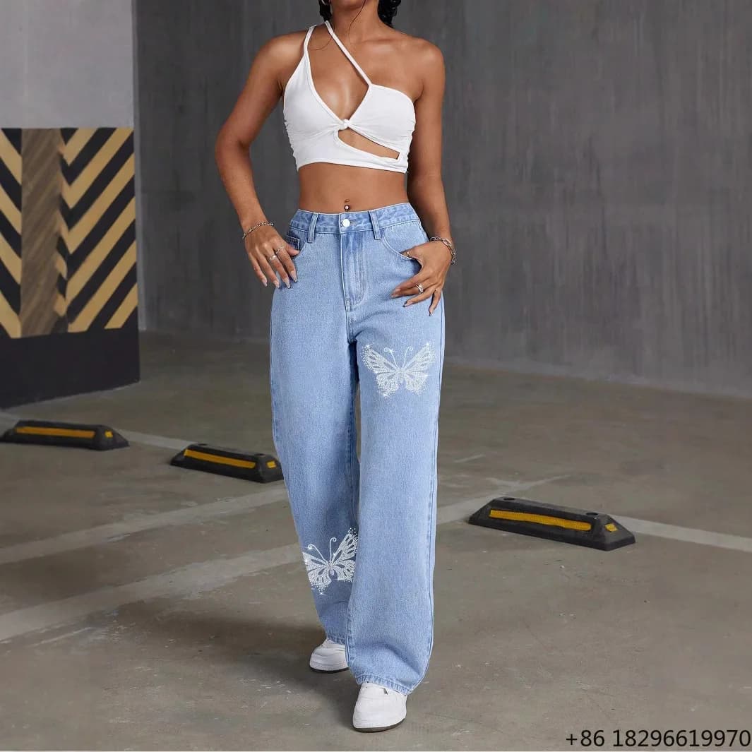 OEM Custom Wholesale 2026 Hot-selling Women Casual Stretch Washed Denim Fashion Straight Pants Jeans High Waist