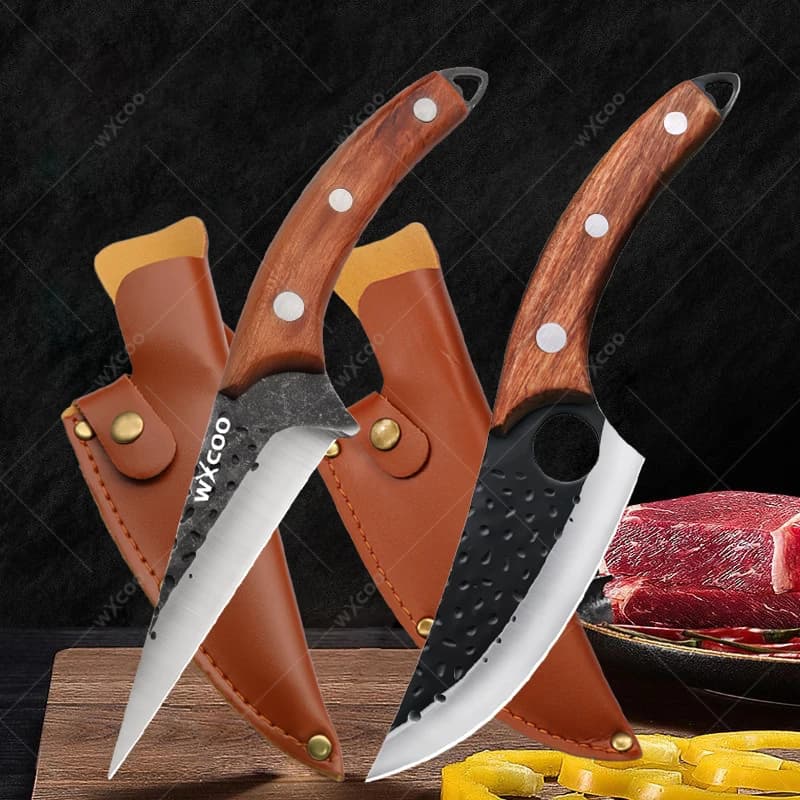 Coltello per disossare Coltello da pesca fatto a mano da cucina in acciaio inossidabile Mannaia per carne Taglierina da cucina Coltello da macellaio con coperchio