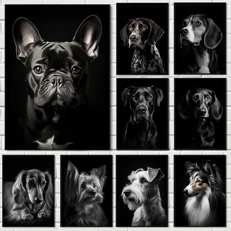 1pc frameless Black and White Dog Cat Poster Pet French Bulldog Dachshund Portrait Print Canvas Painting Wall Art Picture for Ho