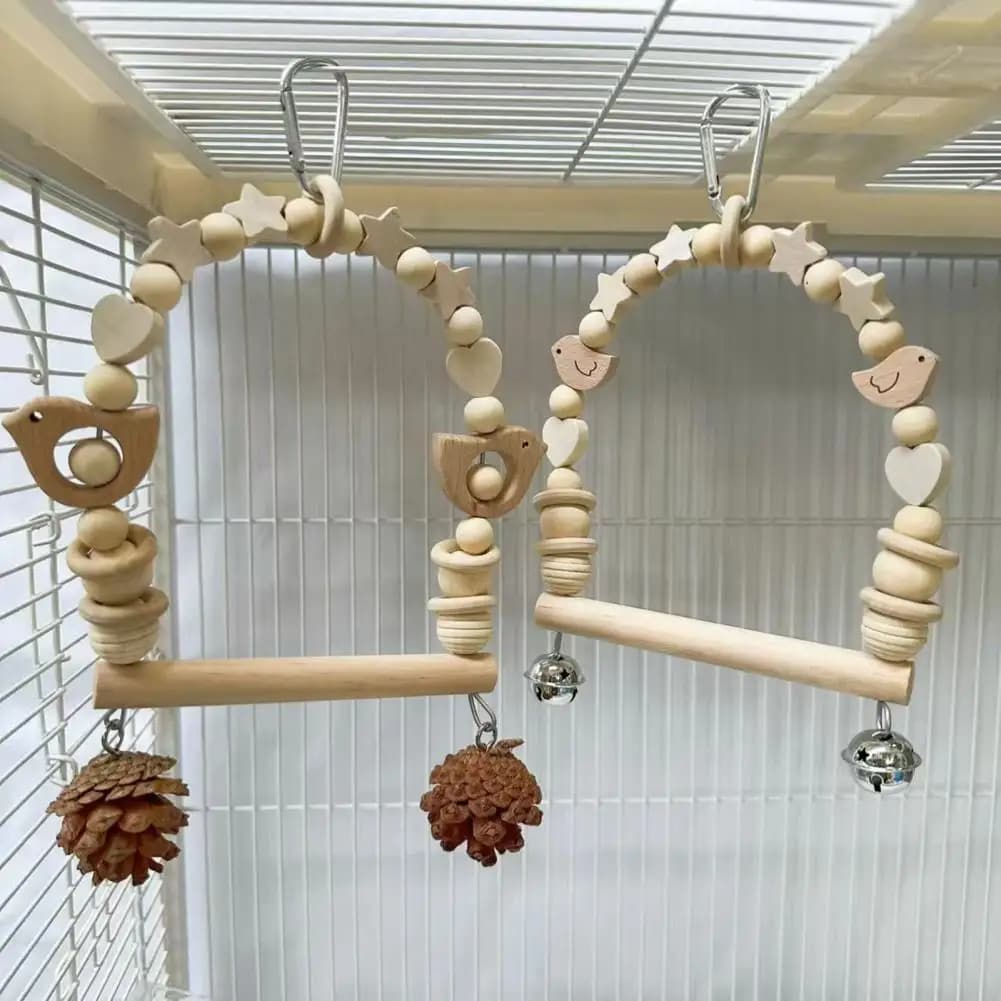 Parrot Swing Perch Wooden Blocks Bird Chew Toy Beaded Arch Parrot Swing with Bells or Pine Cones for Parakeet Cockatiel Conure