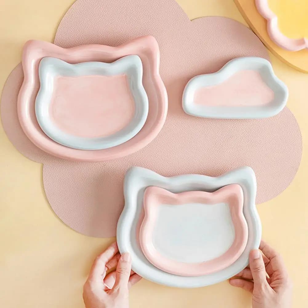 Cat Food Dish Ceramic Cat Feeding Bowl Whisker-friendly Kitten Food Dish Wide Pet Feeder Plate for Dry Wet Meals Flat Cat Plate
