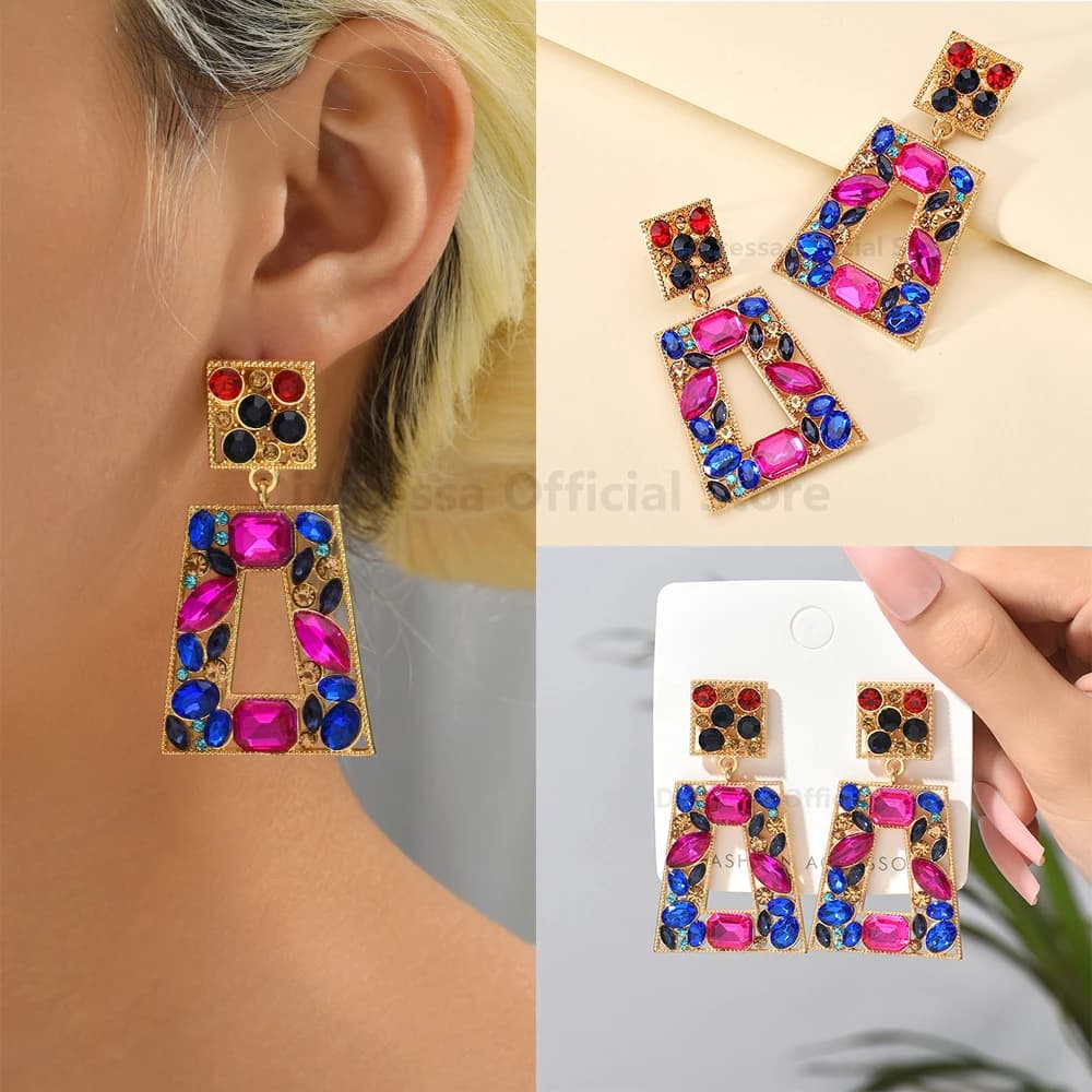 Boho Luxury Geometric Dangle Earrings for Women Trendy Vintage Party Jewelry Fashion Metal Hollow Crystal Design