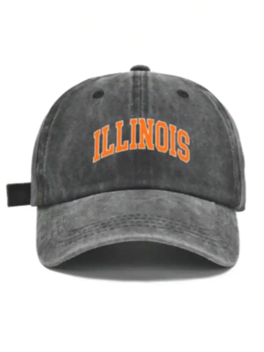 Cappellino da Baseball Casual Lavato con Stampa Lettera Illinois, Visiera Curva Classica, Leggero e Traspirante per Esterni