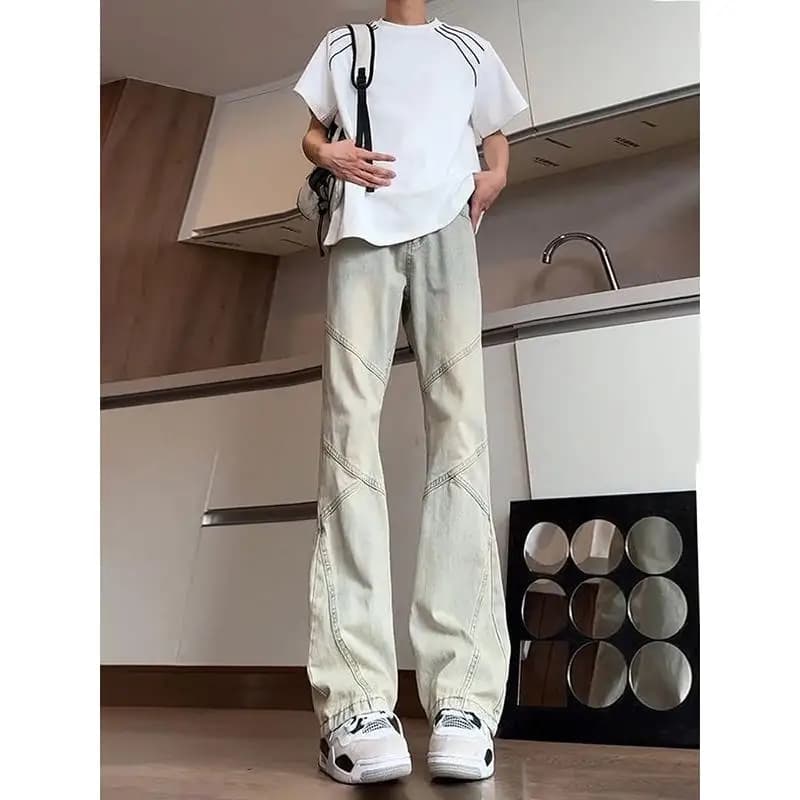 Men's Cleanfit Jeans with patchwork design, mud yellow color, Bow Knife model, slim fit, American style, cotton and polyester.