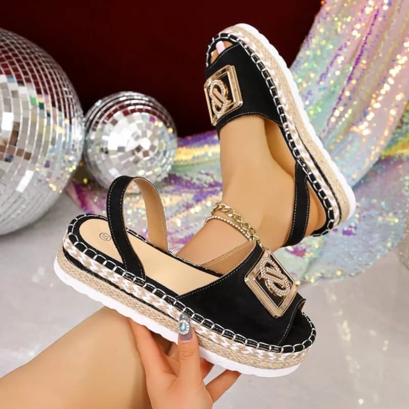 Womens Platform Espadrille Sandals Rhinestone Metal Buckle Open Toe Slingback Summer Beach Casual Fashionable Footwear New Shoes