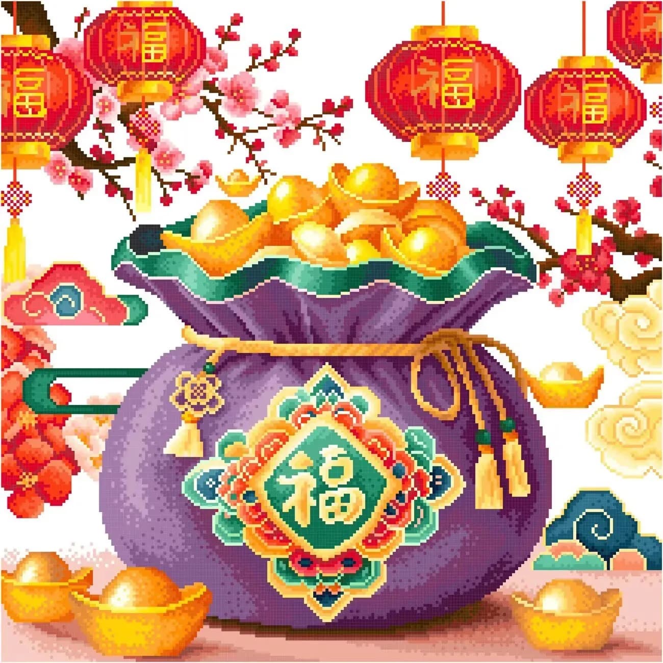 KS Ecological Thread Cross Stitch Kit - 14CT 11CT 9CT Purple Blessing Bag Printed DIY Embroidery Needlework Set for Home Crafts