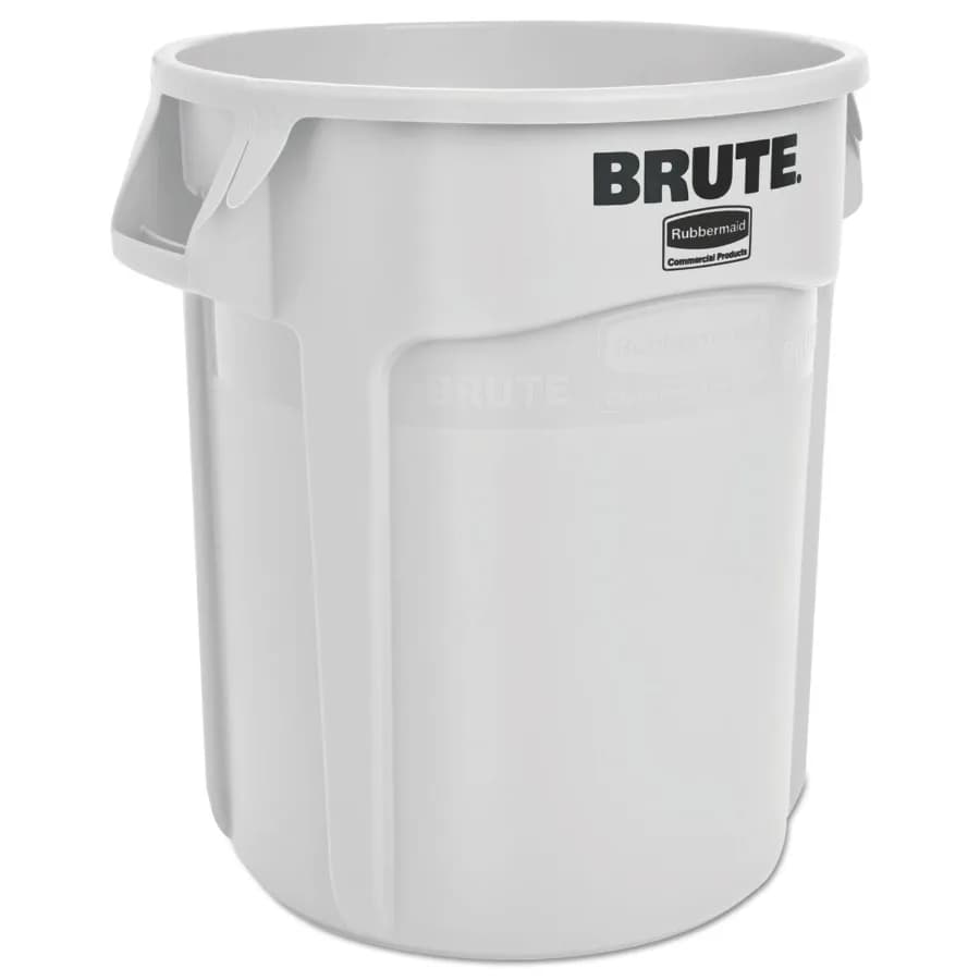 Commercial vented round brute container for waste disposal, durable plastic, white, 20 gal capacity with secure lid and ergonom