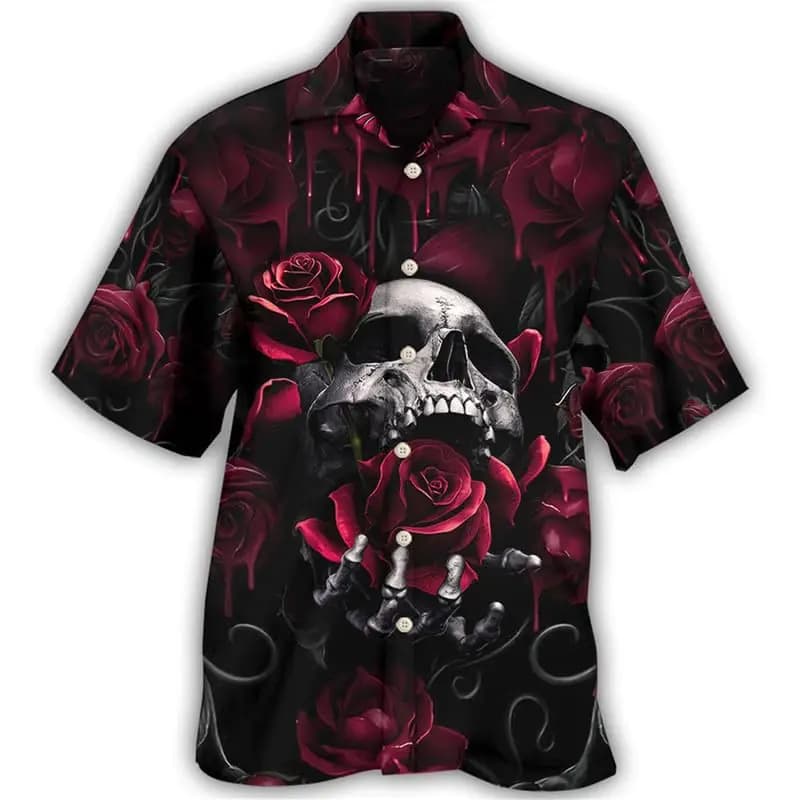 Men's Novelty Short Sleeve Shirt, Skull Red Rose Print Camp Collar Top, Light Blouse For Bar Holiday Gathering