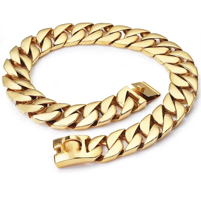 Secure Snap Buckle Harnesses Dog Training Collar 18k Gold 32mm Stainless Steel Cuban Link Chain for Medium Large Luxury Simple