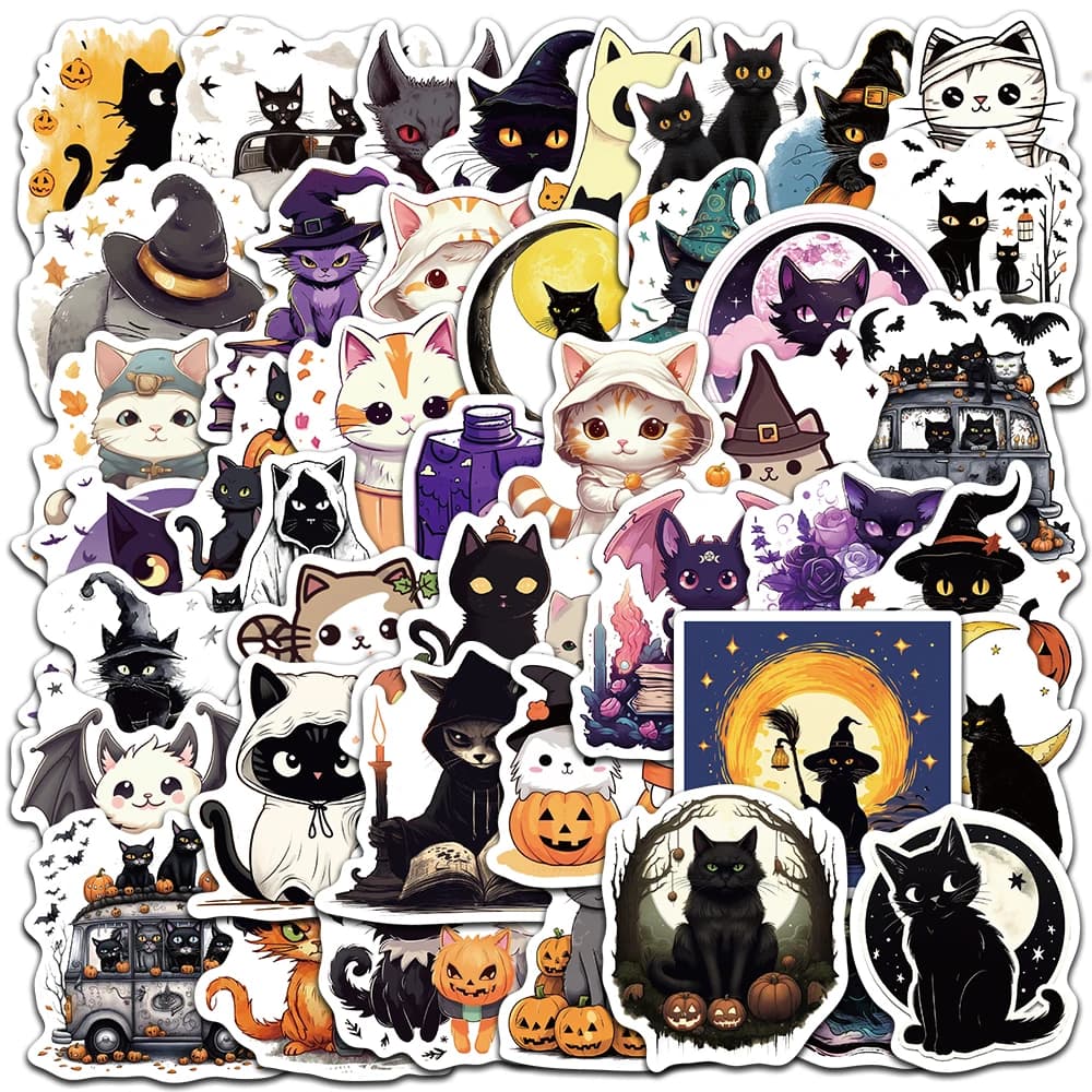 50 cute pieces cartoons Halloween cats stickers for laptop water bottle luggage stationary notebook decals for phone waterproof vinyl