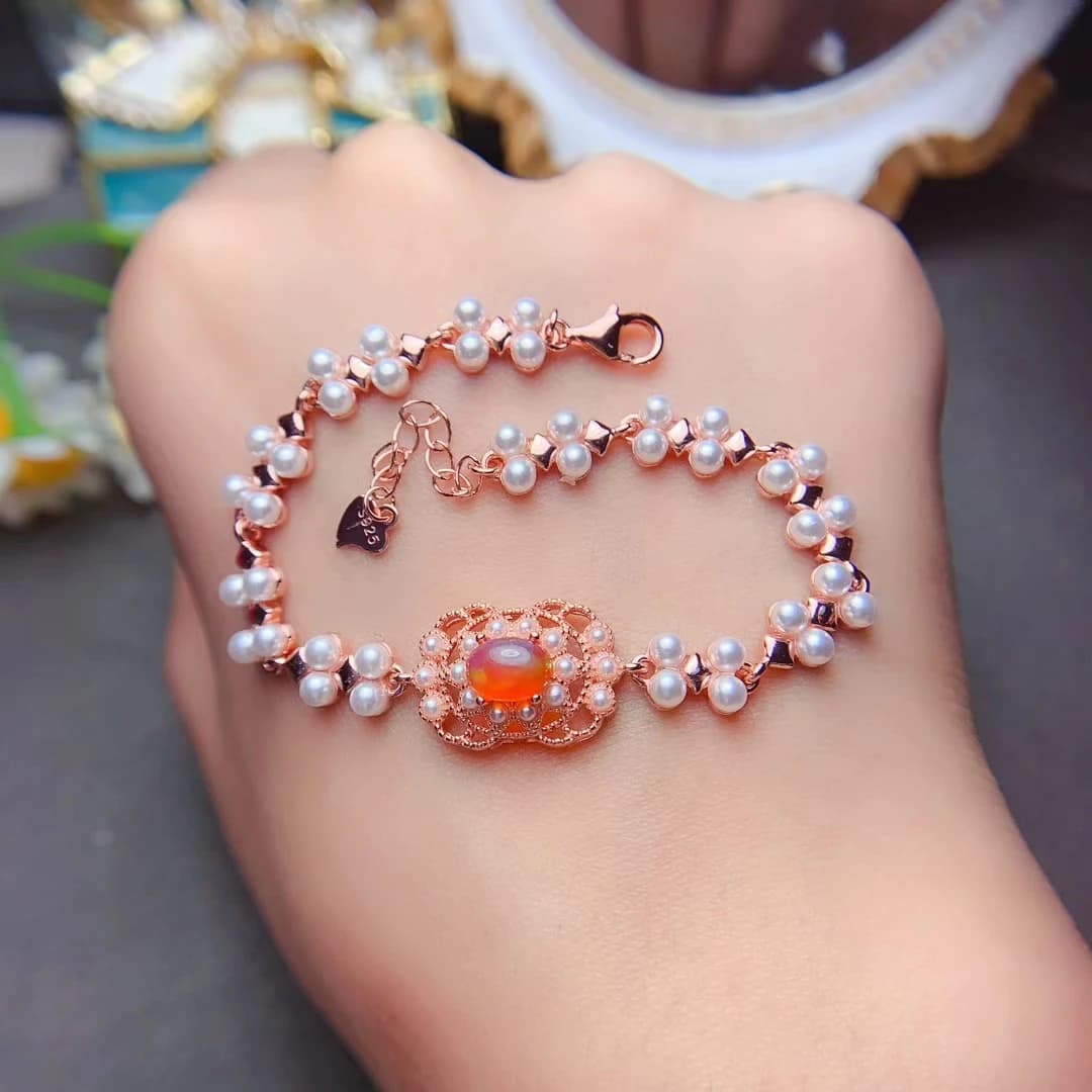 MeiBaPJ 5mm*7mm Natural Fire Opal Pearl Bracelet Real Colorful Stone Bracelet Sterling 925 Sterling Silver for Women Fine Wedding Jewelry