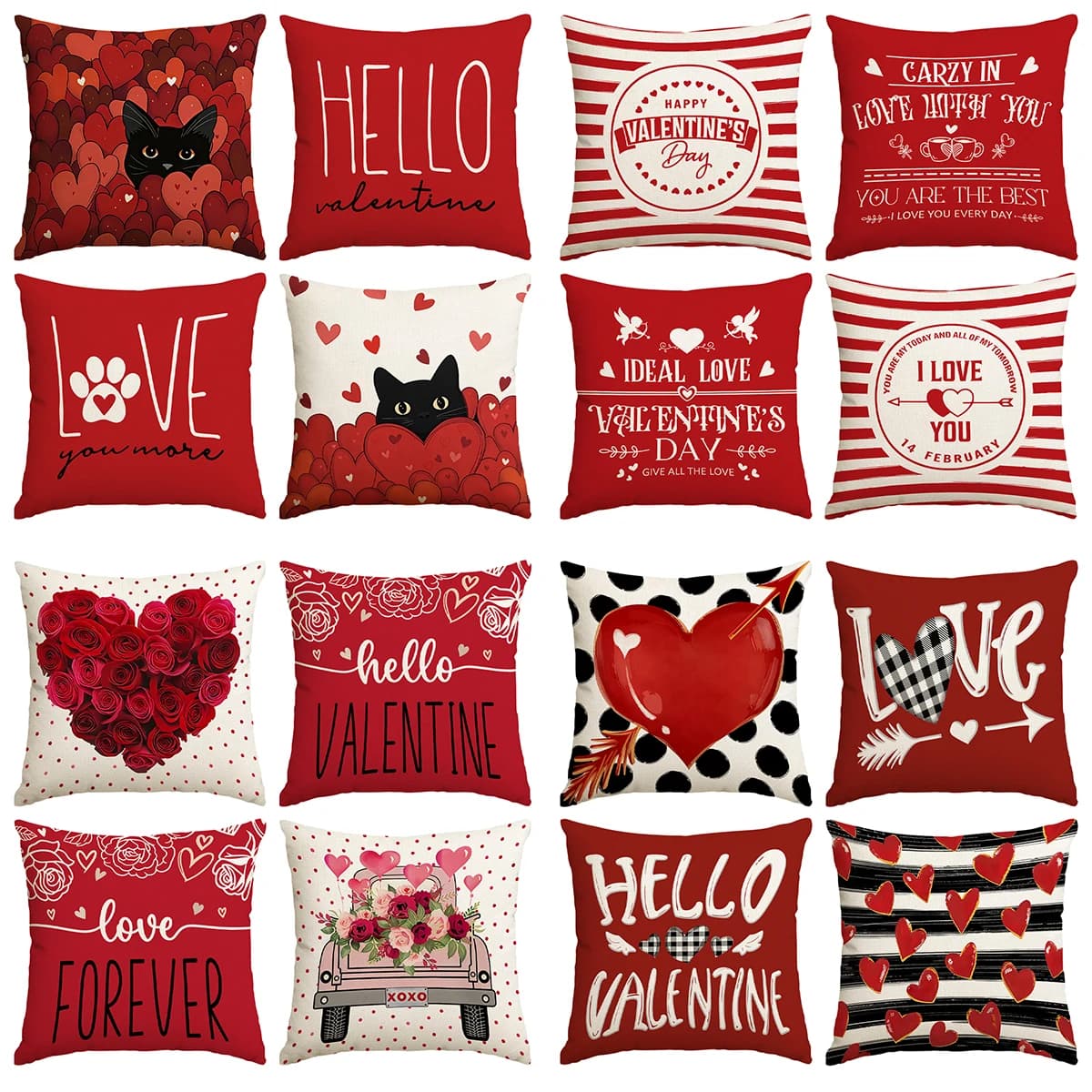 4pcs Valentine's Day red heart and cute black cat pattern pillow cover, used for living room and sofa, (excluding pillow core)
