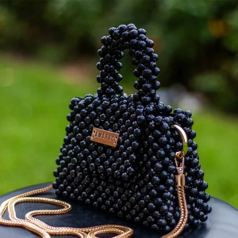 Small Niche Design Acrylic Bead Black Handmade Women's Bags Fashionable Versatile Chain Crossbody Bag Lined Flip Top Handbag
