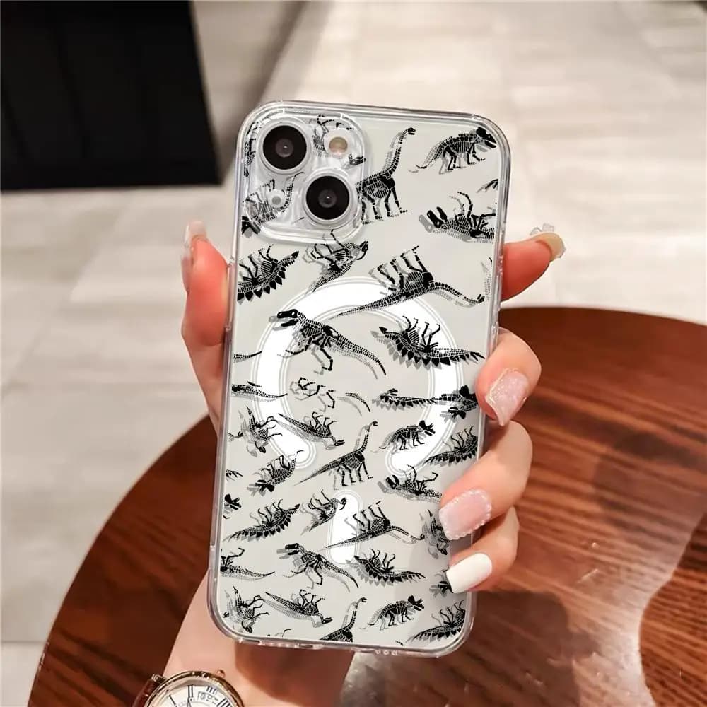 Custodia per iPhone 17 16 15 14 13 12 11 Pro Max Plus con ossa di dinosauro fossili, trasparente, magnetica, antiurto e antigraffio