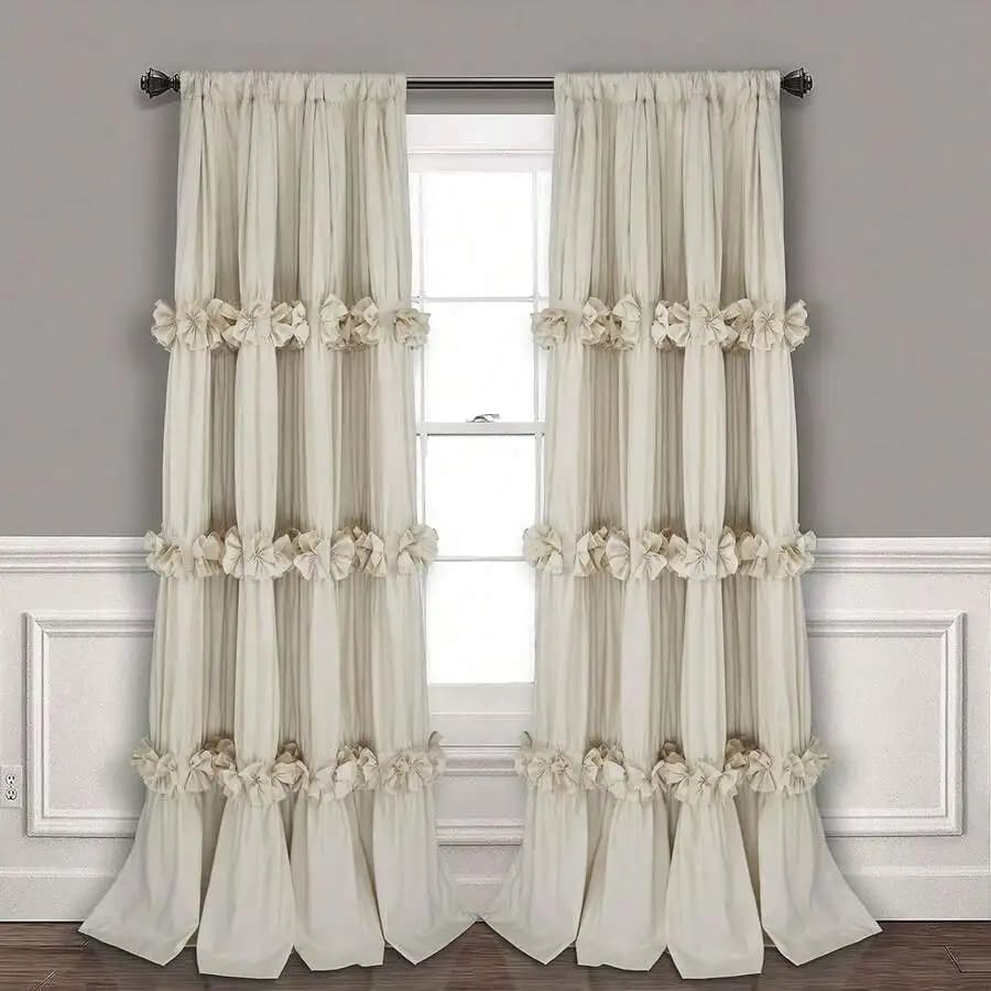 Thermal Insulated Blackout Curtains 54Wx84L Pair Boho Ruched With Butterfly Flowers Rustic Rod Pocket