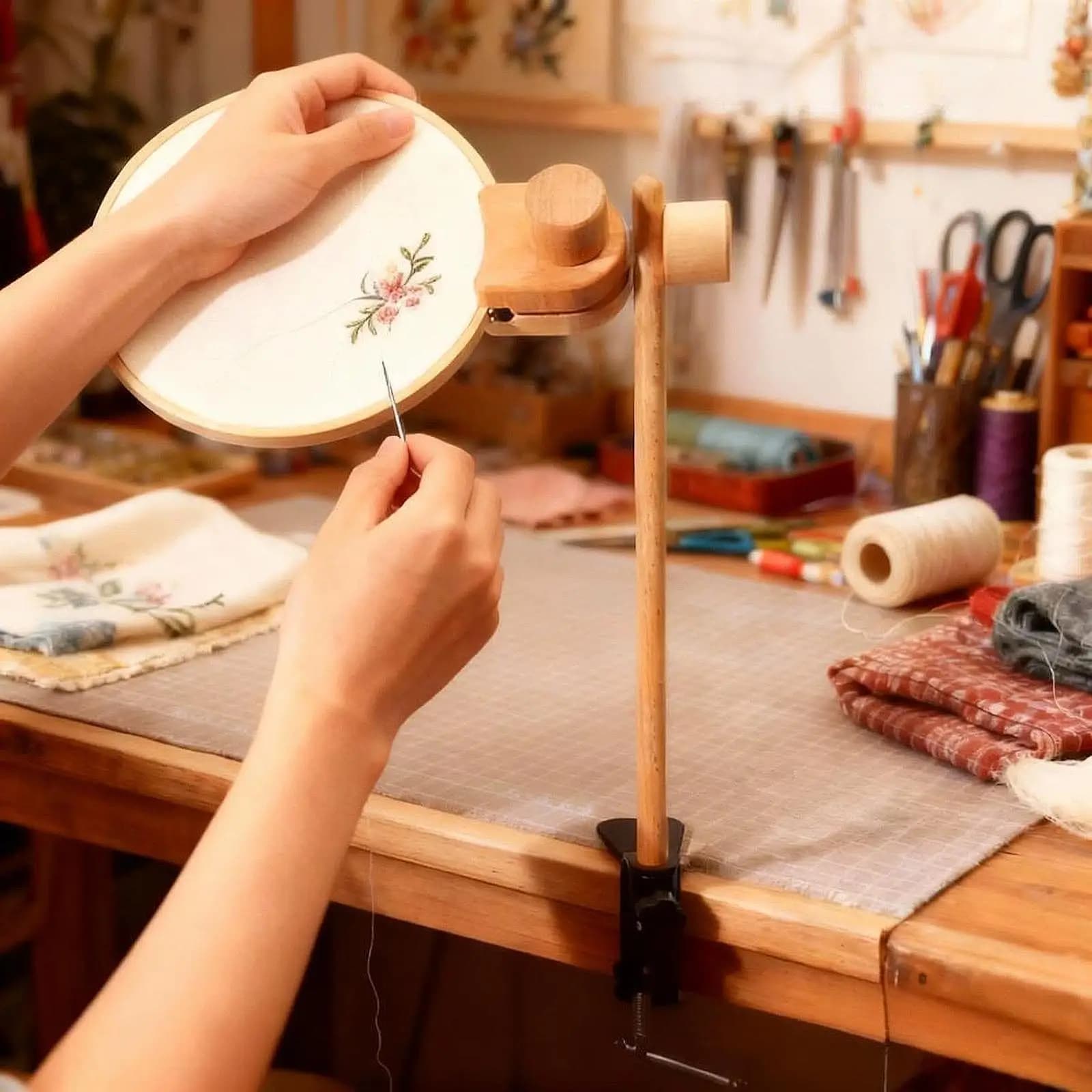 Adjustable Cross Stitch Rack Embroidery Hoop Stand Wood Desk Frame Clamp for Embroidery Supplies