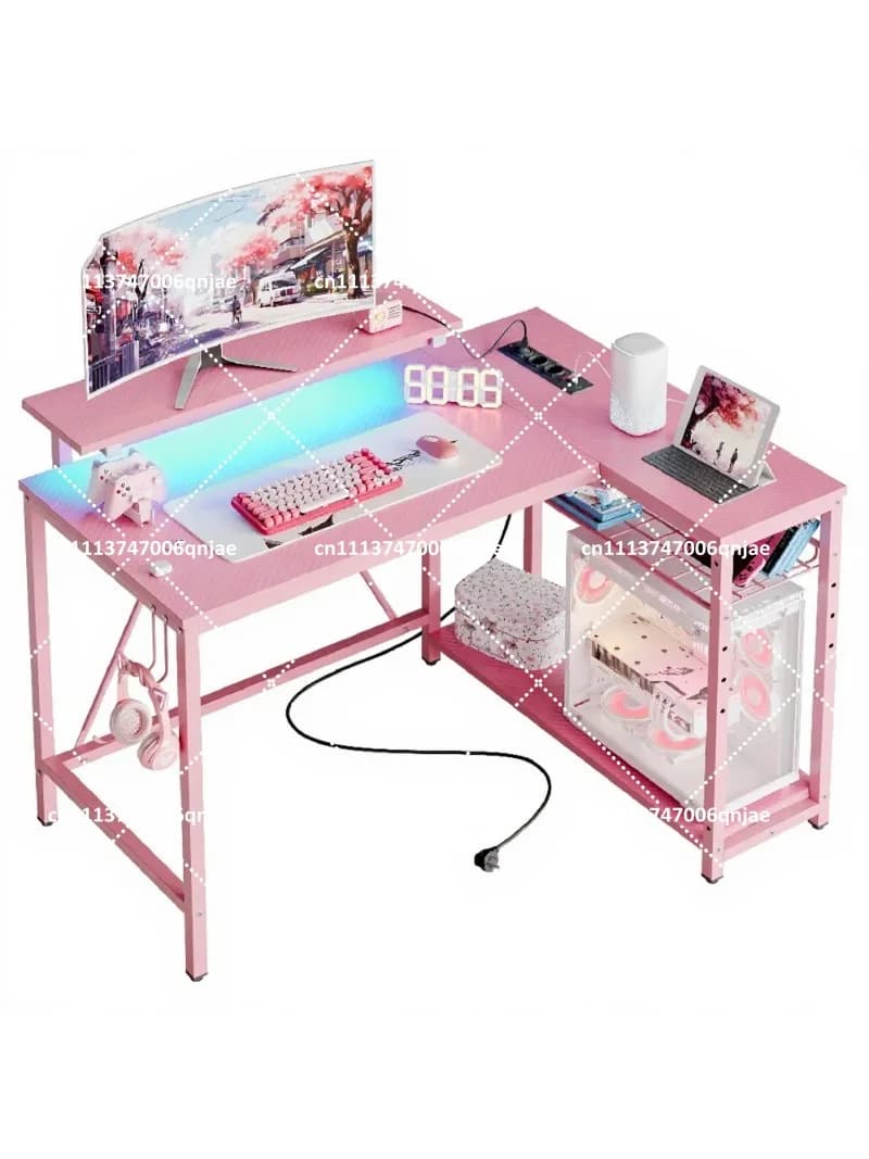 L-Shaped Computer Desk with 42 LEDs & Reversible Shelves, Pink Carbon Fiber Finish, Gaming Office Corner Desk for Small Spaces