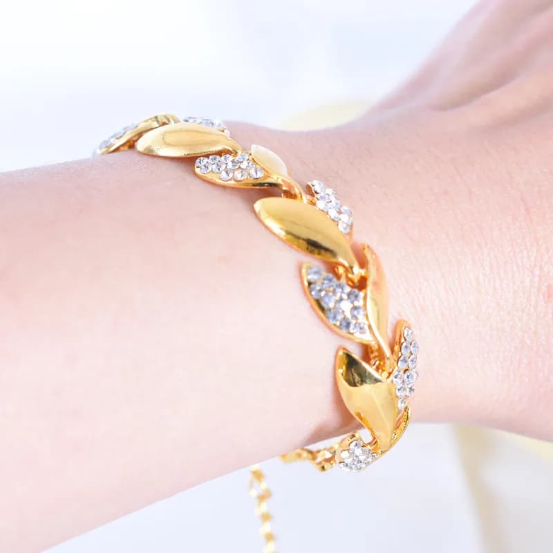 Bracciale con Foglie in Strass, Bracciale con Foglie in Oro 18K, Gioielli alla Moda per Signore