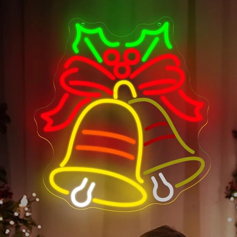 Insegna al neon con campana di Natale LED lampeggiante per le vacanze, fiocco rosso e campanelli, decorazione da parete per decorazioni festive per la casa, feste di Natale