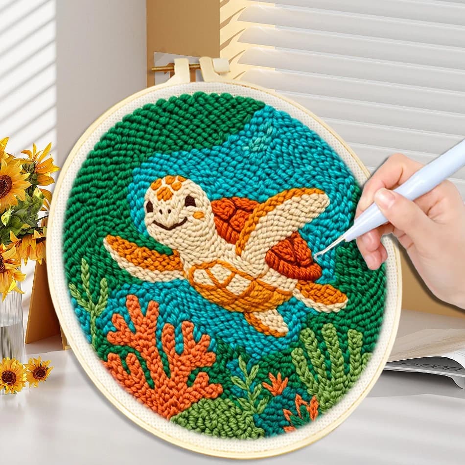 Punch Needle Embroidery Kit DIY Ocean Animal Rug Hooking Cross Stitch Set with Embroidery Hoop Handmade Art Craft Home Decor Gif