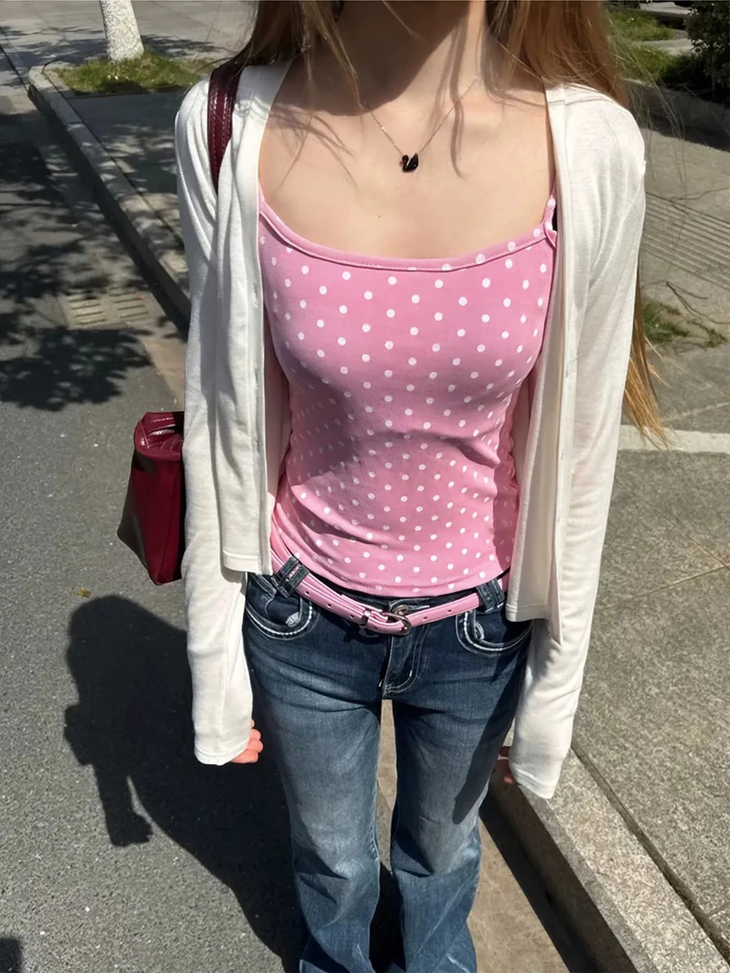 Canotta Rosa a Pois da Donna, Nuova Collezione Estiva, Stile Dolce e Piccante, Corta Senza Maniche, Modellante, Versatile, da Indossare Sopra o Sotto