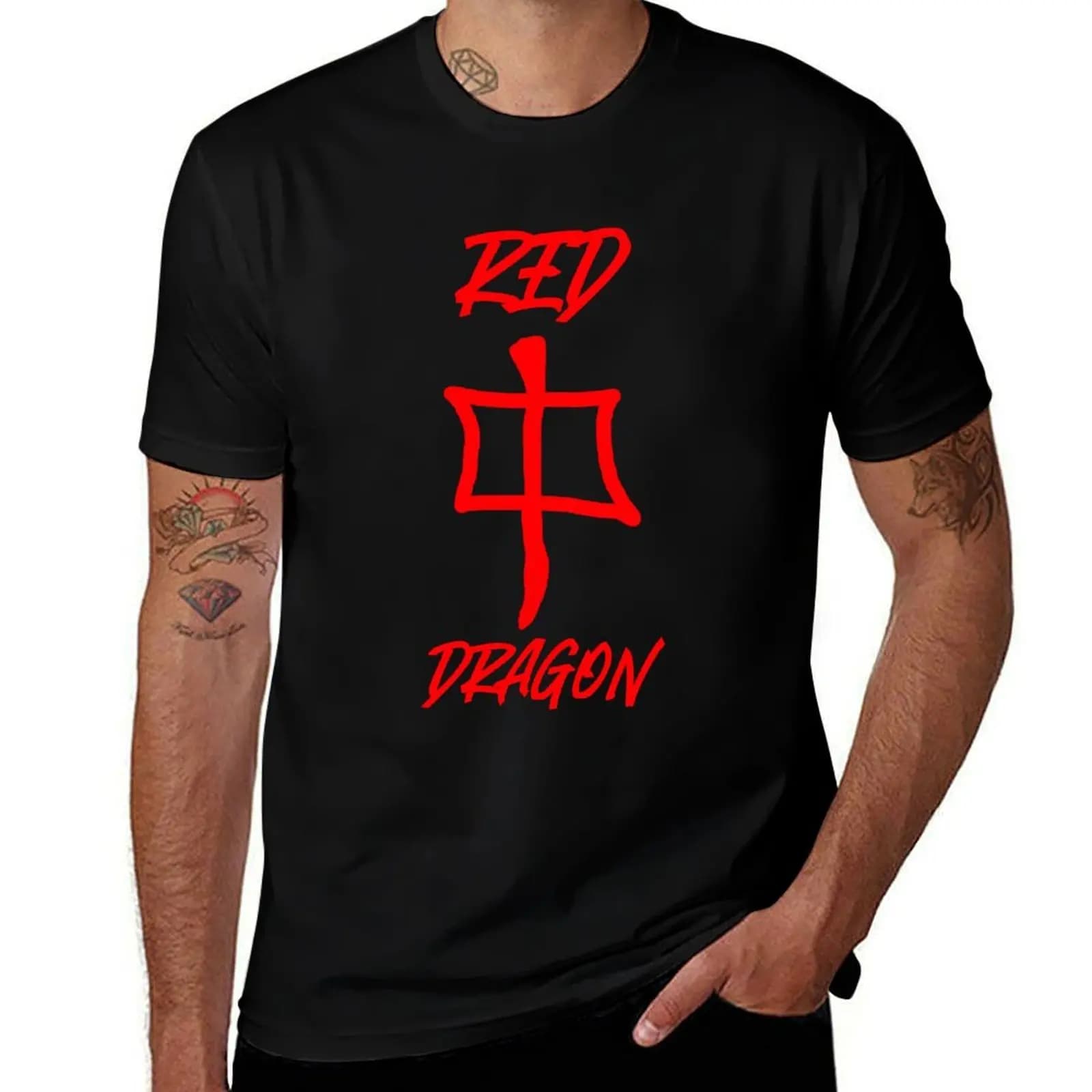 Red Dragon Mah-jong tile symbol T-Shirt Urban Style Casual Short Sleeve Top