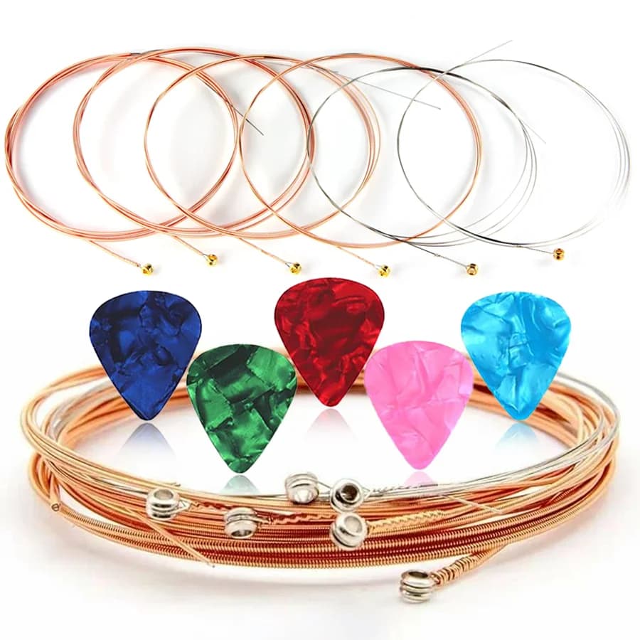 Set di 6 corde per chitarra acustica in rame rosso e set di plettri per chitarra, basso, ukulele, accessori professionali per performance sul palco XJM