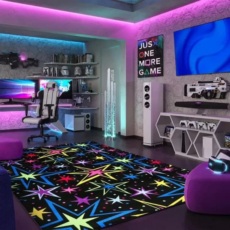 Tappeto VIKAMA Gaming Star Area Rug Nero con Stelle Colorate, Antiscivolo e Lavabile, per Stanza Gamer, Camera da Letto, Arredamento Casa Stile Arcade