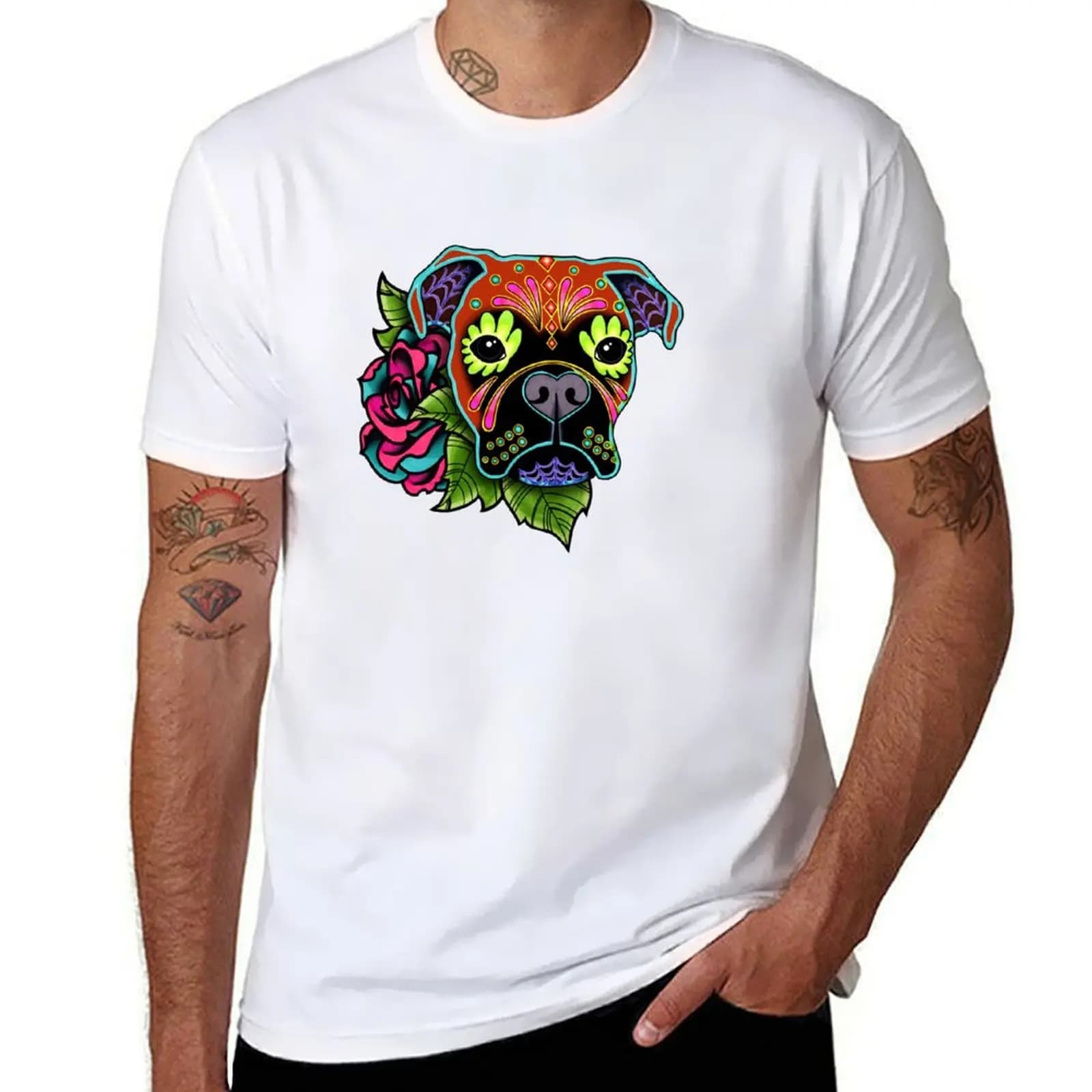 T-shirt con stampa grafica casual Boxer in Fawn - Day of the Dead Sugar Skull Dog