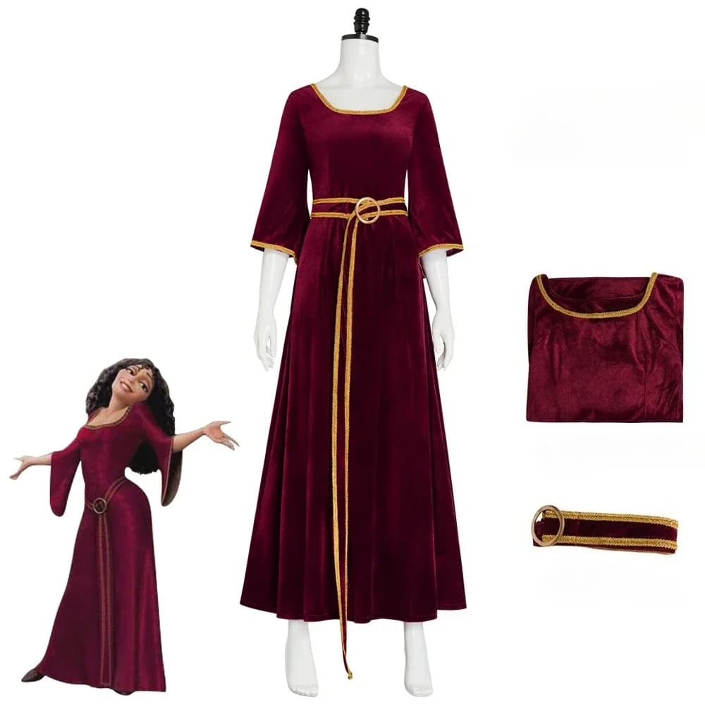 Anime Rapunzel Cosplay Costume, Mother Gothel Bordeaux Vintage Dress for Halloween, Long skirt with belt, Adult Carnival costume