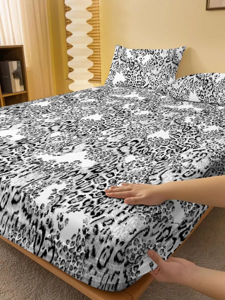 1 Pezzo Lenzuolo con Angoli Elasticizzati Stampa Astratta Animali Bianco e Nero per Letto Queen