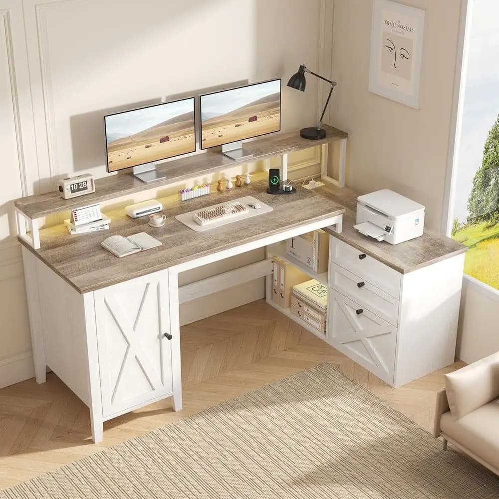 Large L-shaped office desk with power supply and LED, 58 double monitor supports, cupboard, rustic and white brown
