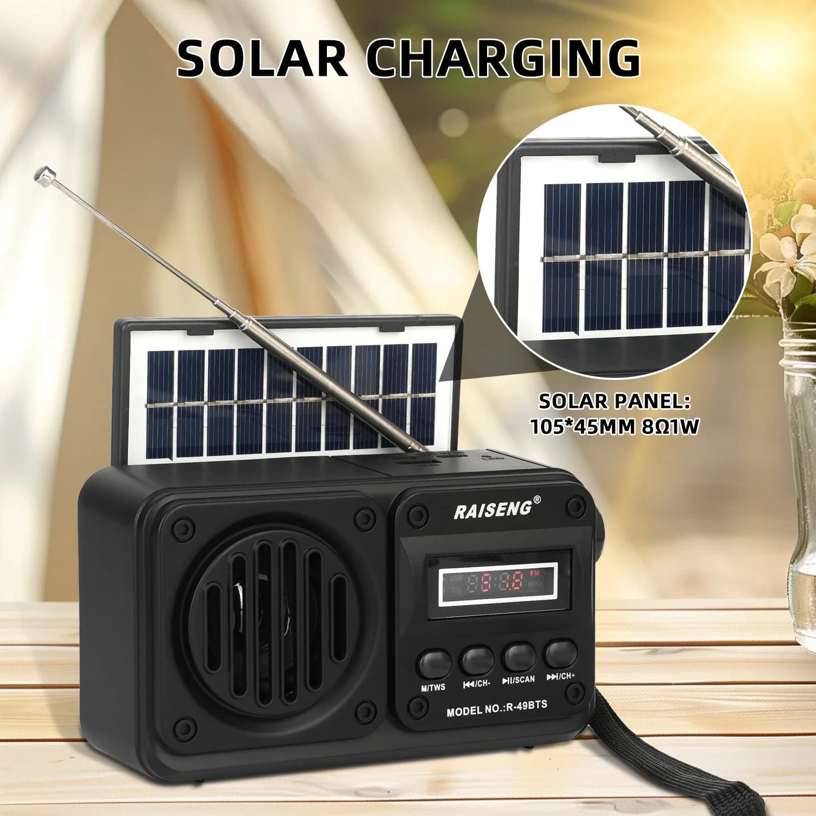 Altoparlante Bluetooth con radio FM a ricarica solare con riproduzione MP3 USB/TF, ricevitore radio ricaricabile Design portatile per casa e esterno