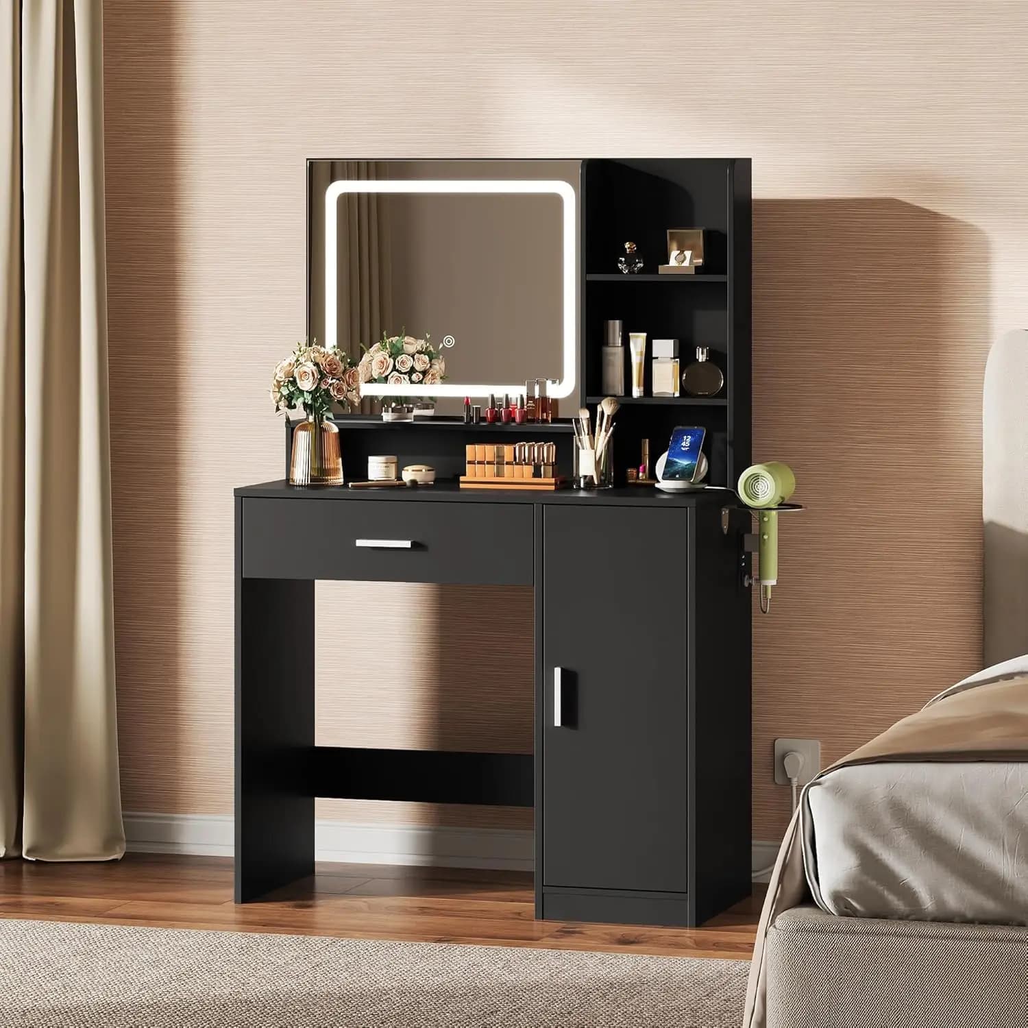 Tavolo da toeletta con specchio e luci, tavolo da trucco con cassetto, articoli neri attualmente fuori stock. Personalizzato