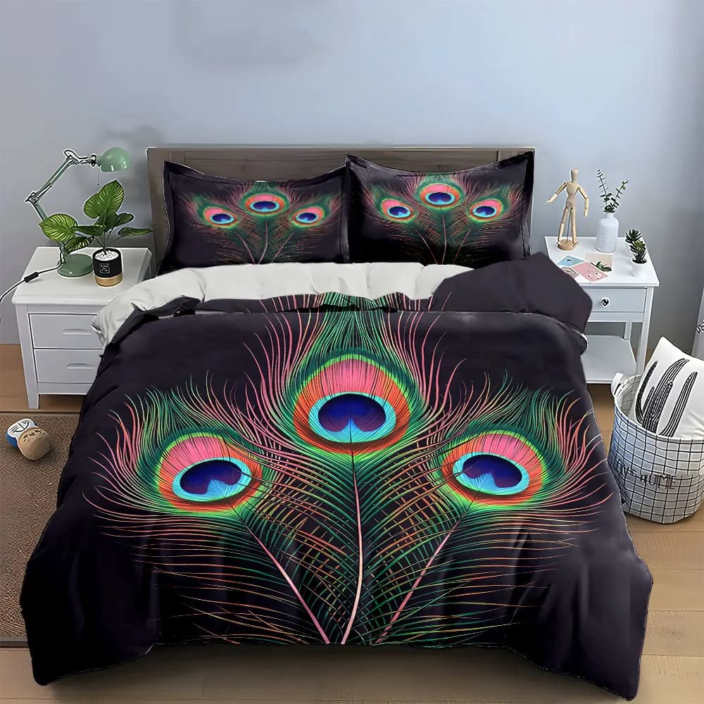 Set di decorazioni artistiche con piume di pavone, set di biancheria da letto morbido e delicato sulla pelle, include 1 copripiumino e 2 federe, regalo