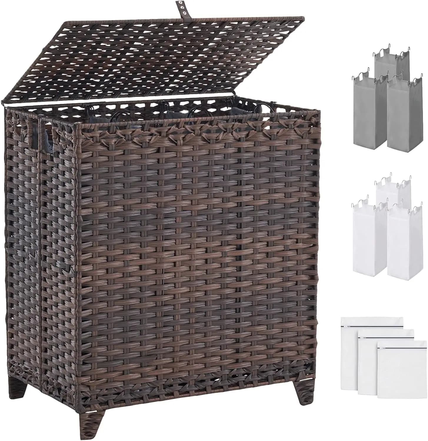 Cesto per Bucato a 3 Scomparti da 190L con Coperchio, 6 Rivestimenti Rimovibili e 3 Sacchi in Rete, in Rattan Intrecciato a Mano, Nessun Montaggio Richiesto, Marrone