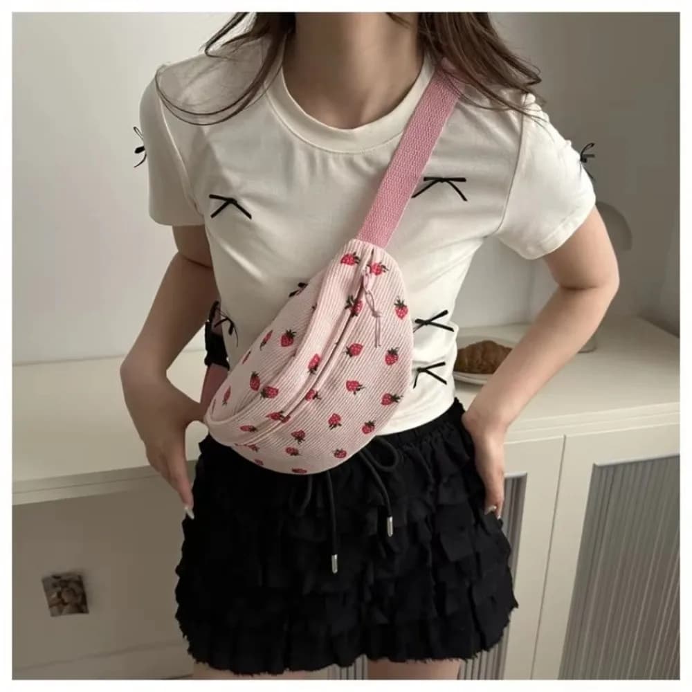 Cute Strawberry Waist Bag Multiple Pockets Adjustable Strap Chest Bag Casual Cartoon Crossbody Bag Travel