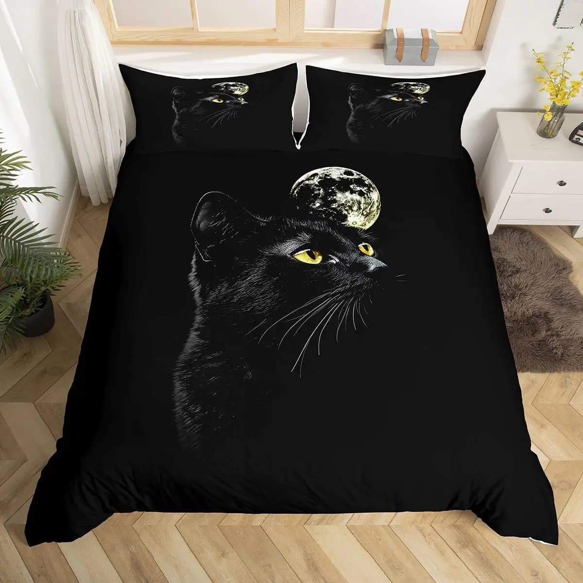 Cute Black Cat Pattern Bedding Set King Size Decorative Duvet Cover With 2 Pillowcases Farmhouse Cats Comforter Cover