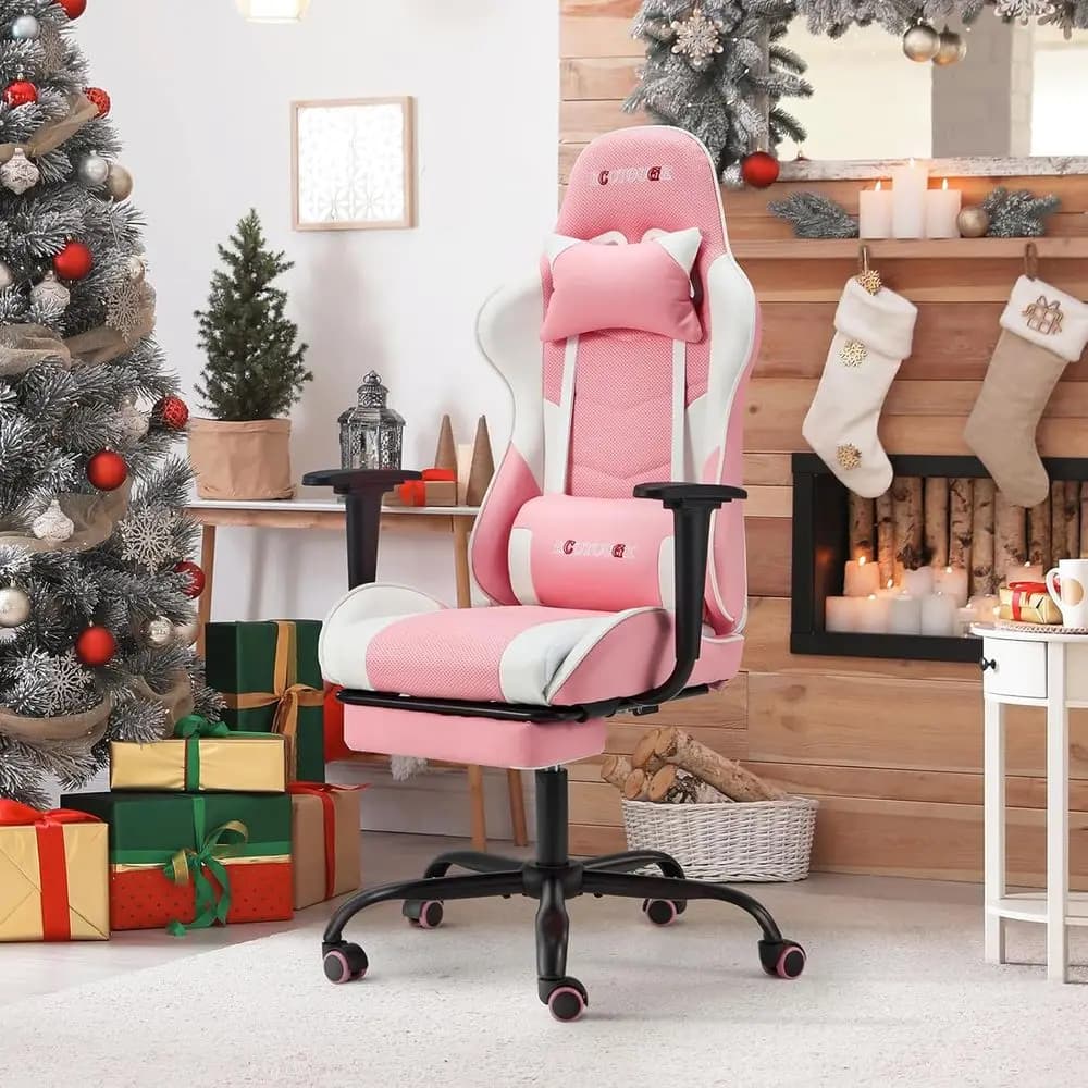 Sedia da gaming rosa con schienale alto, poggiapiedi, reclinabile, supporto lombare e rivestimento in pelle PU