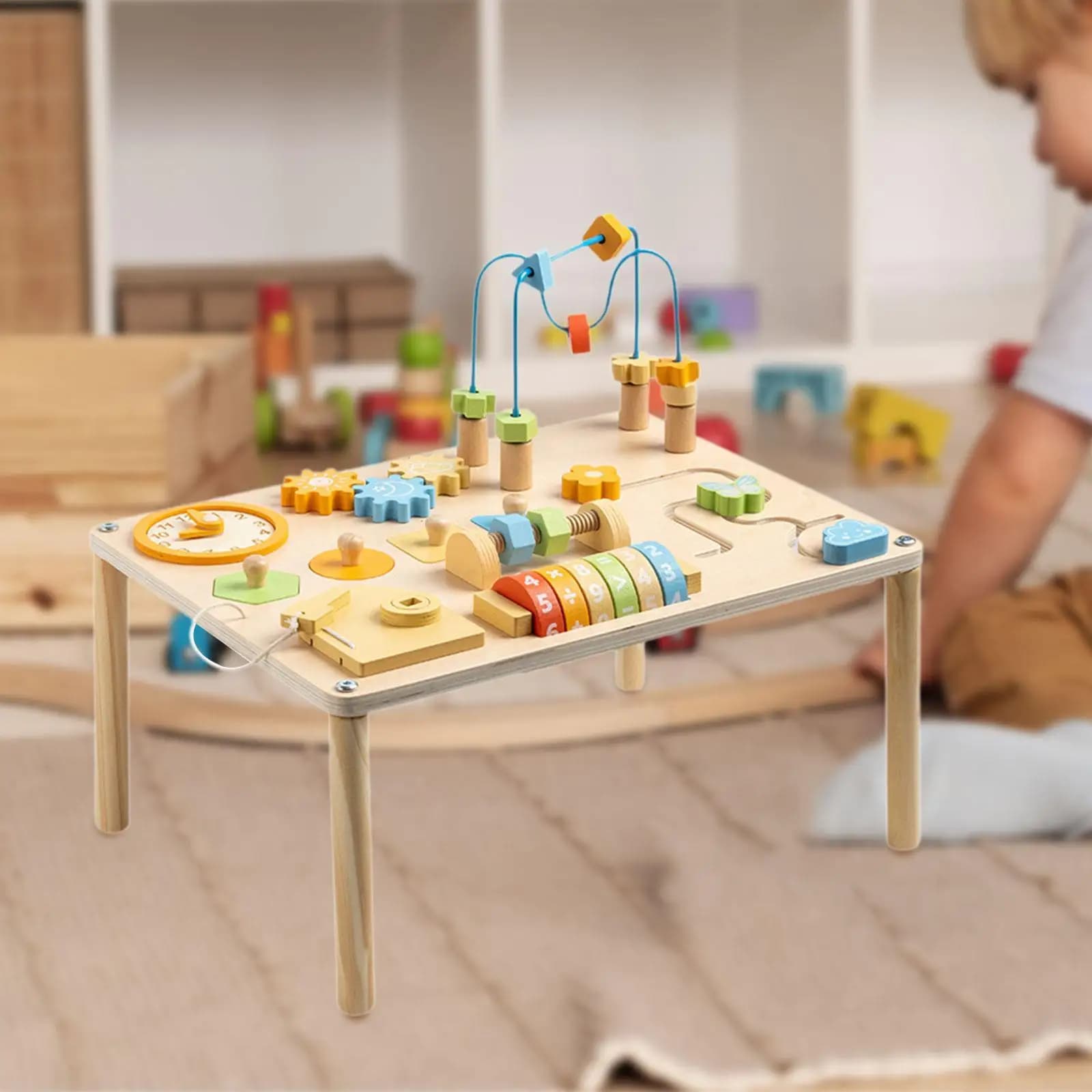 Tavolo Attività in Legno con Ingranaggi e Blocchi, Gioco Educativo 8 in 1 per l'Apprendimento Precoce, Forme Geometriche, per Bambini di 1 2 3 4 Anni, Regalo di Compleanno per Neonati e Bambine