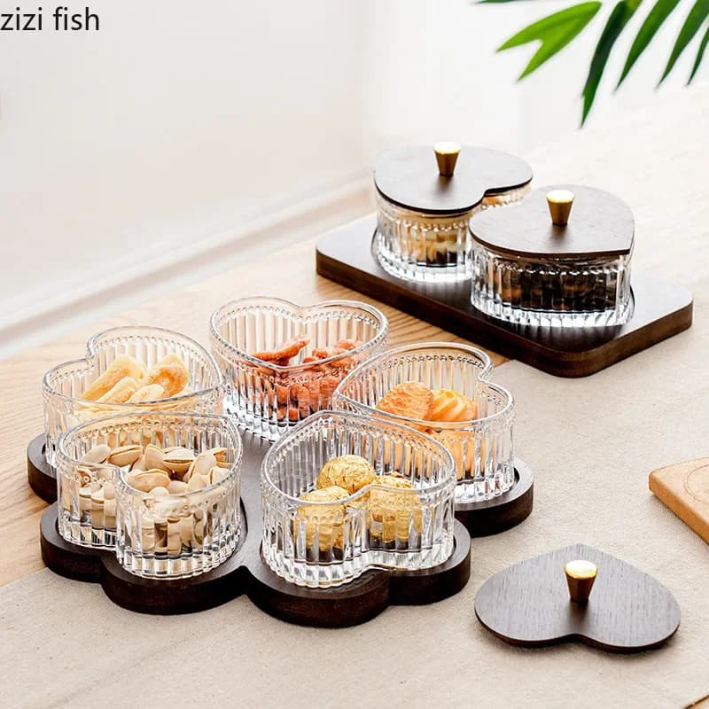 Glass Bowl Set with Wooden Lid Snack Platter Fruit Plate Snack Bowls Dessert Bowl Dim Sum Dish Candy Dish Dried Fruit Plate Tray